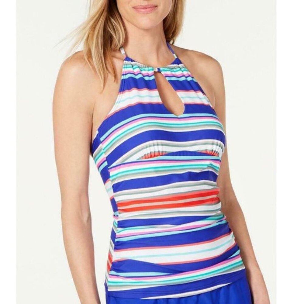 Island Escape Ocean Drive Striped Shirred Tankini Top Size 10 NWT Halter Swim